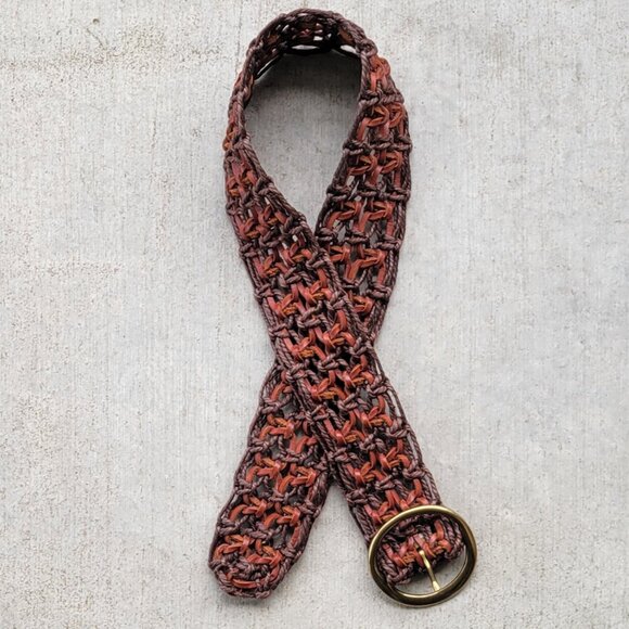 Macrame Leather and Rope Boho Woven Belt with Round Gold Tone Buckle Y2K - Picture 1 of 9